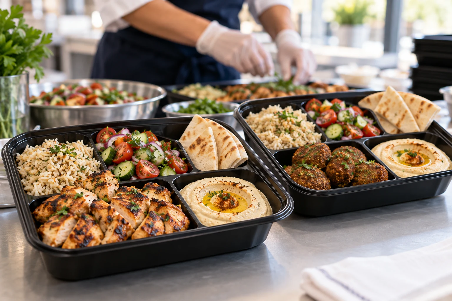 Boîtes-repas méditerranéennes avec poulet ou falafels, riz, salade et houmous