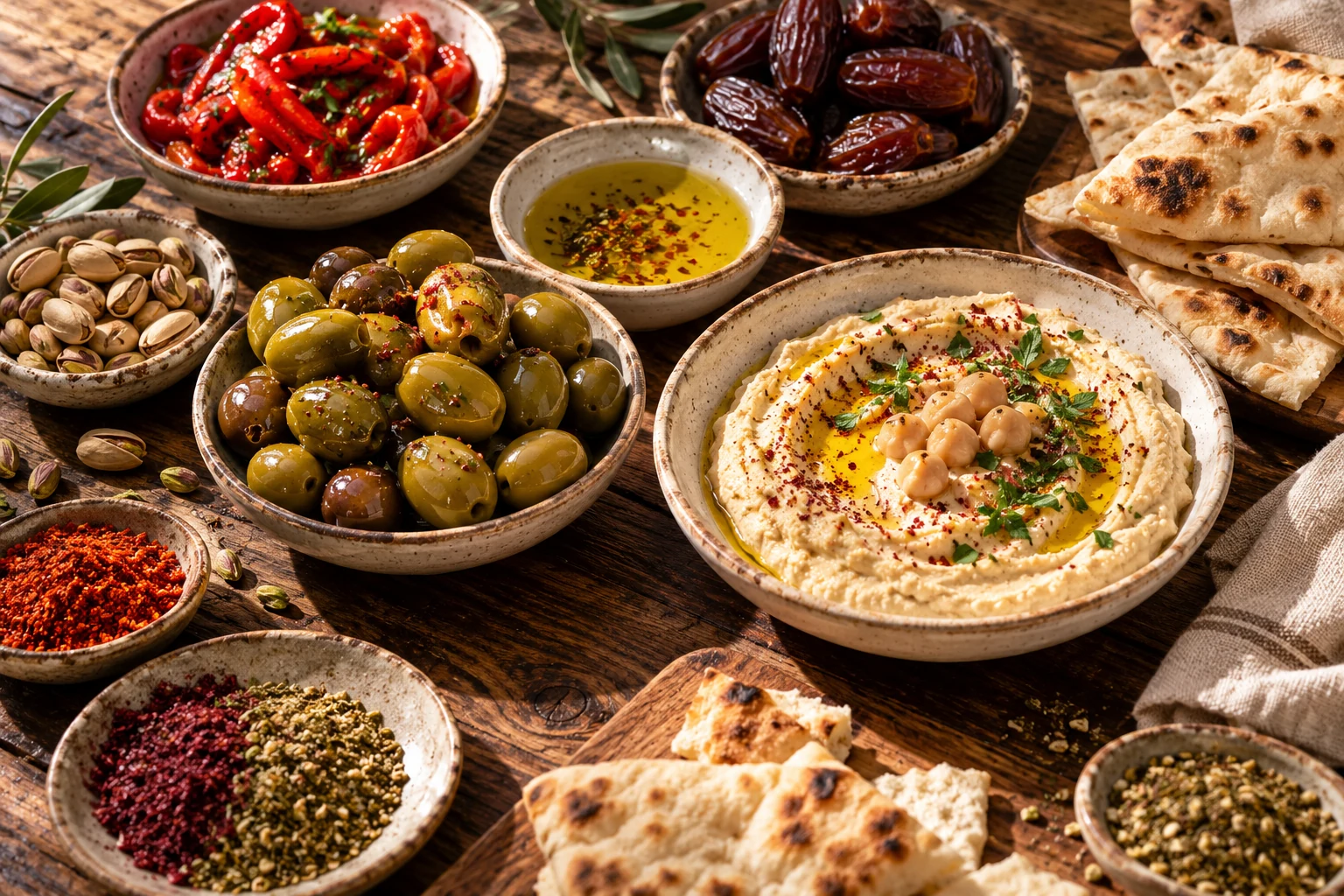 Une table de mezzés avec olives, houmous, huile d’olive, dattes, épices et pains pita
